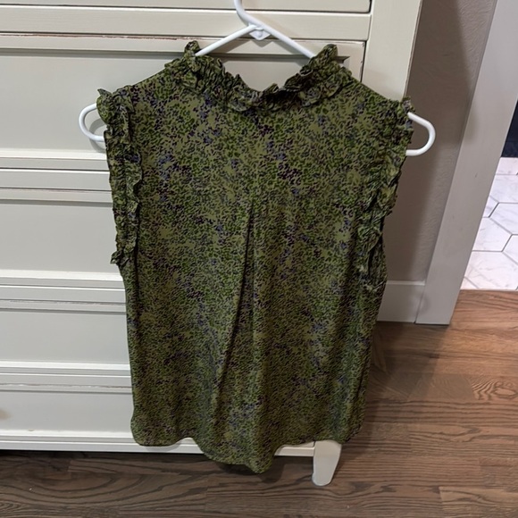 GO BY GO SILK Green Brown Ruffled Sleeveless Blouse - Picture 3 of 4